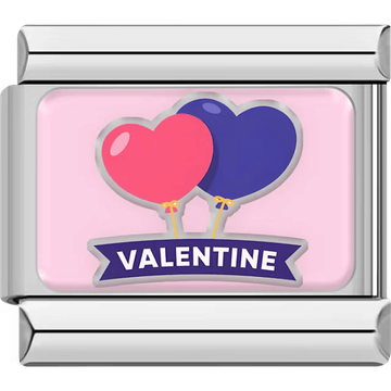 A silver Italian charm featuring two heart balloons, one pink and one blue, above a Valentine banner.